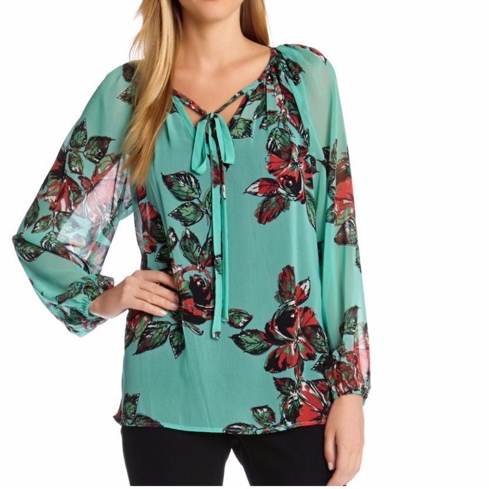 Karen Kane Teal and Red Floral Blouse